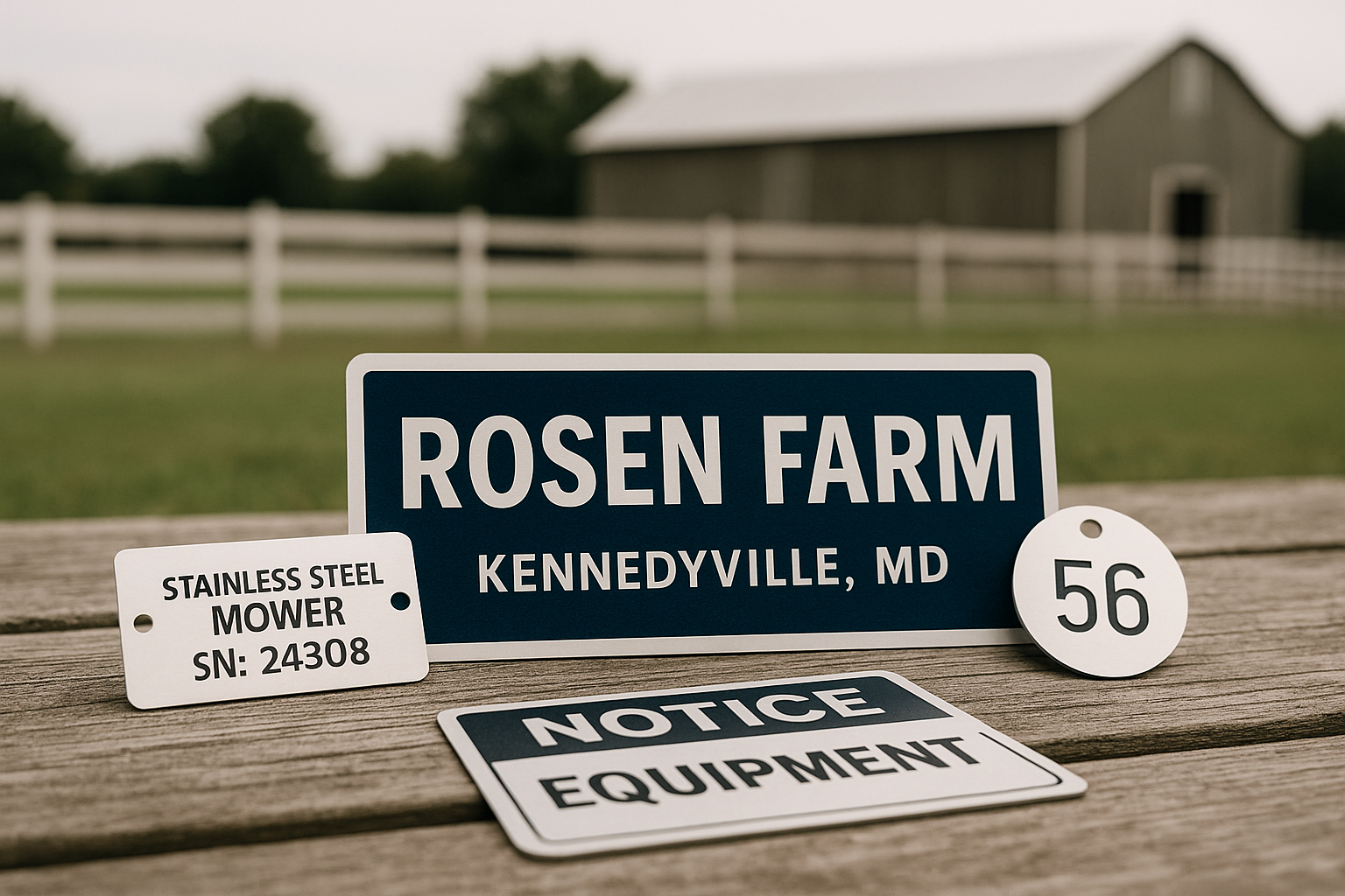 Agriculture equipment tags and farm signage laser engraved
