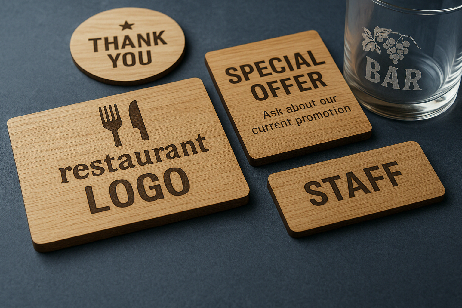 Hospitality restaurant materials and dining enhancement laser engraved