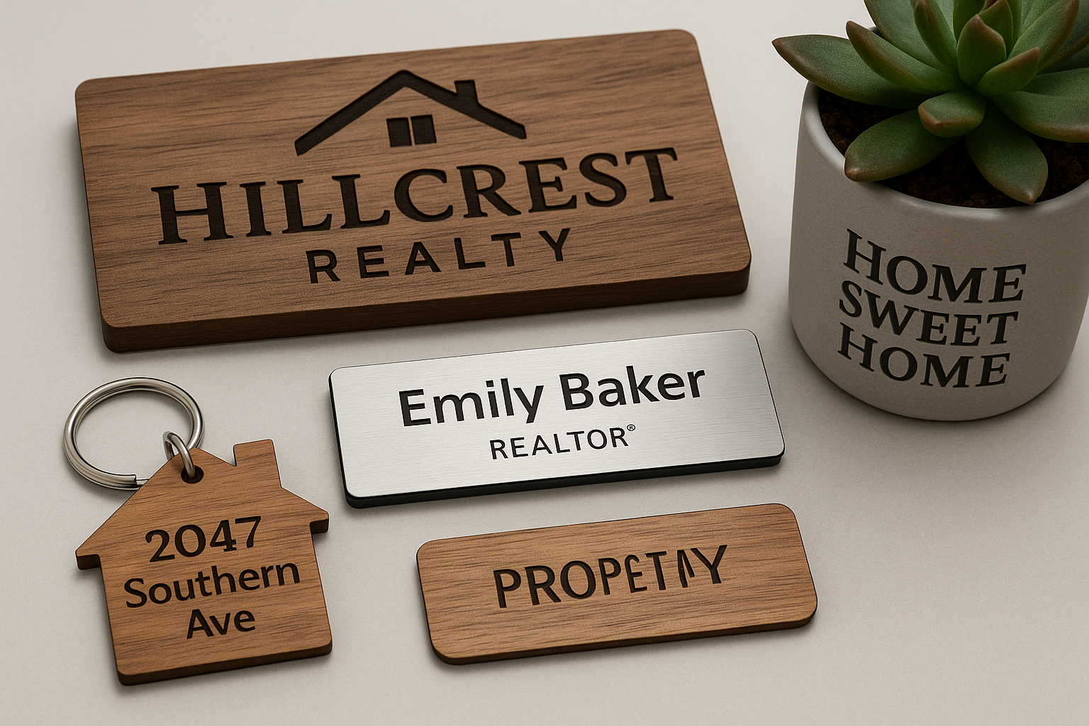 Real estate office branding and professional materials laser engraved