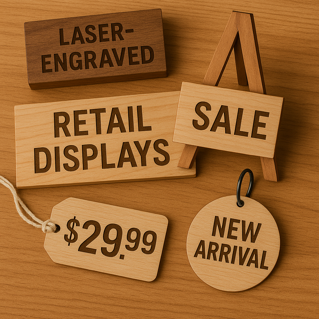 Wooden retail displays and natural store fixtures laser engraved