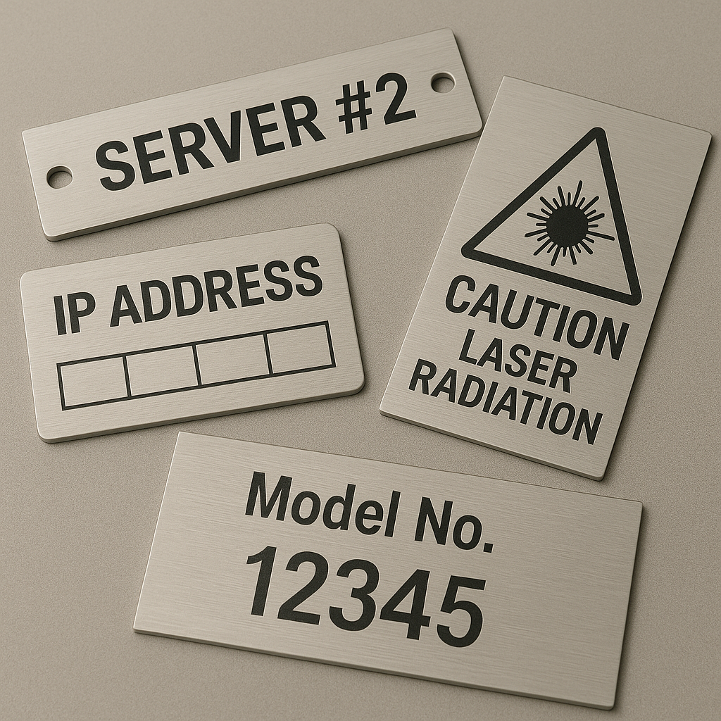 Technology equipment identification including server tags, IP address labels, and model numbers on metal surfaces