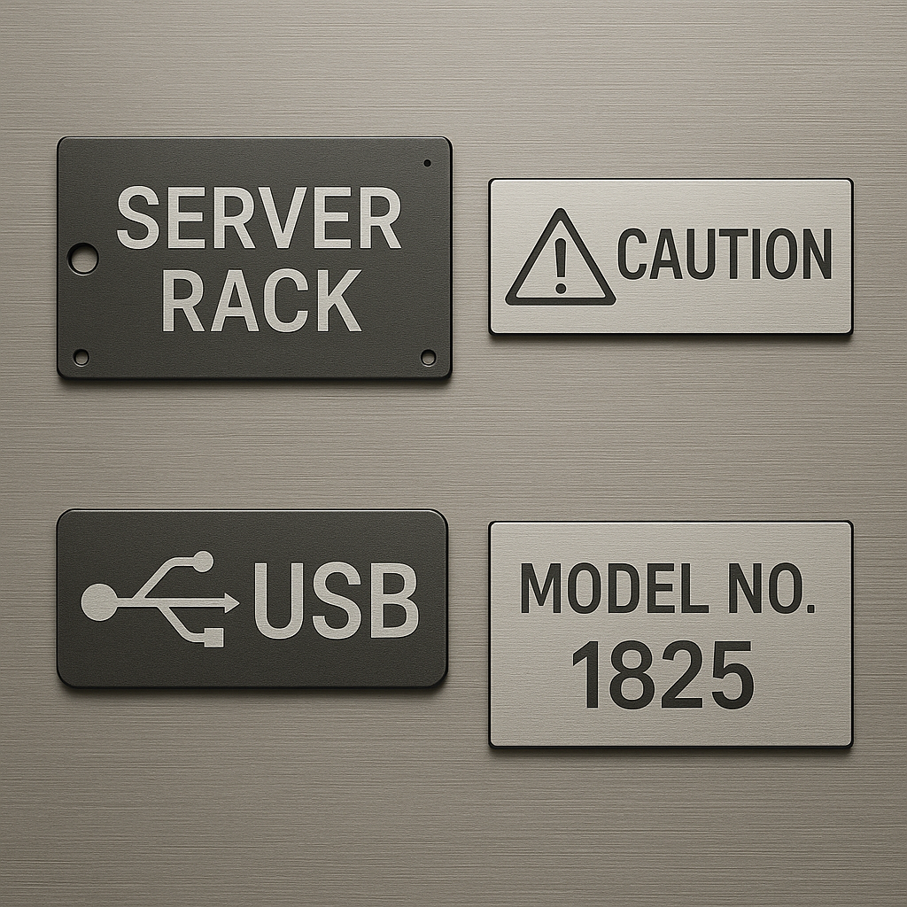 IT infrastructure labeling including server rack identification, caution warnings, and USB symbols